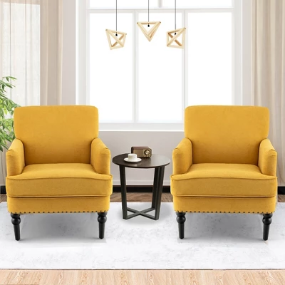 Tangkula Set Of 2 Modern Accent Chair Upholstered Sofa Chair W/ Rubber Wood Legs Yellow - Image 2