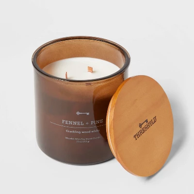 23oz XL 3-Wick Fennel + Pine Wooden Amber Glass With Wood Lid And Stamped Logo Amber Candle - Threshold™ - Image 2