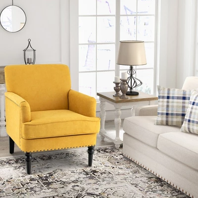 Tangkula Set Of 2 Modern Accent Chair Upholstered Sofa Chair W/ Rubber Wood Legs Yellow - Image 3